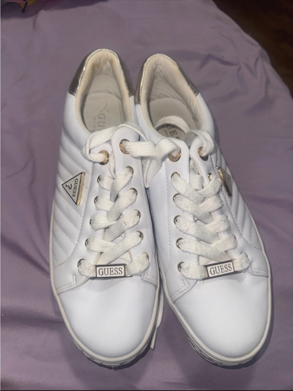 Guess White Quilted Lace-Up Sneakers with Gold Trim